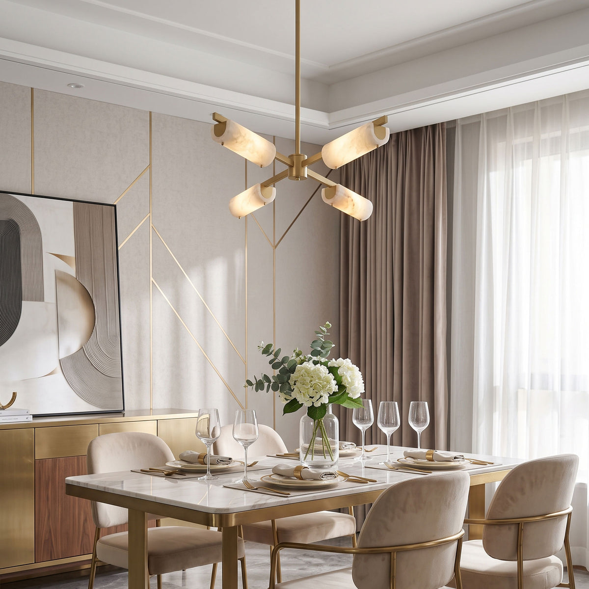 Jotham Sputnik Chandelier lit in a room setting