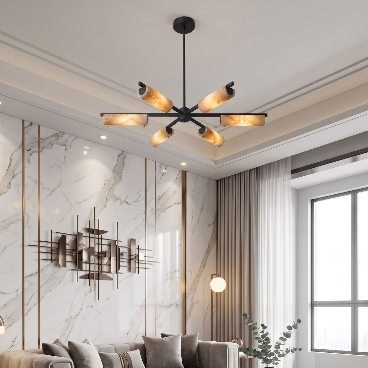 Jotham Sputnik Chandelier hanging over a table