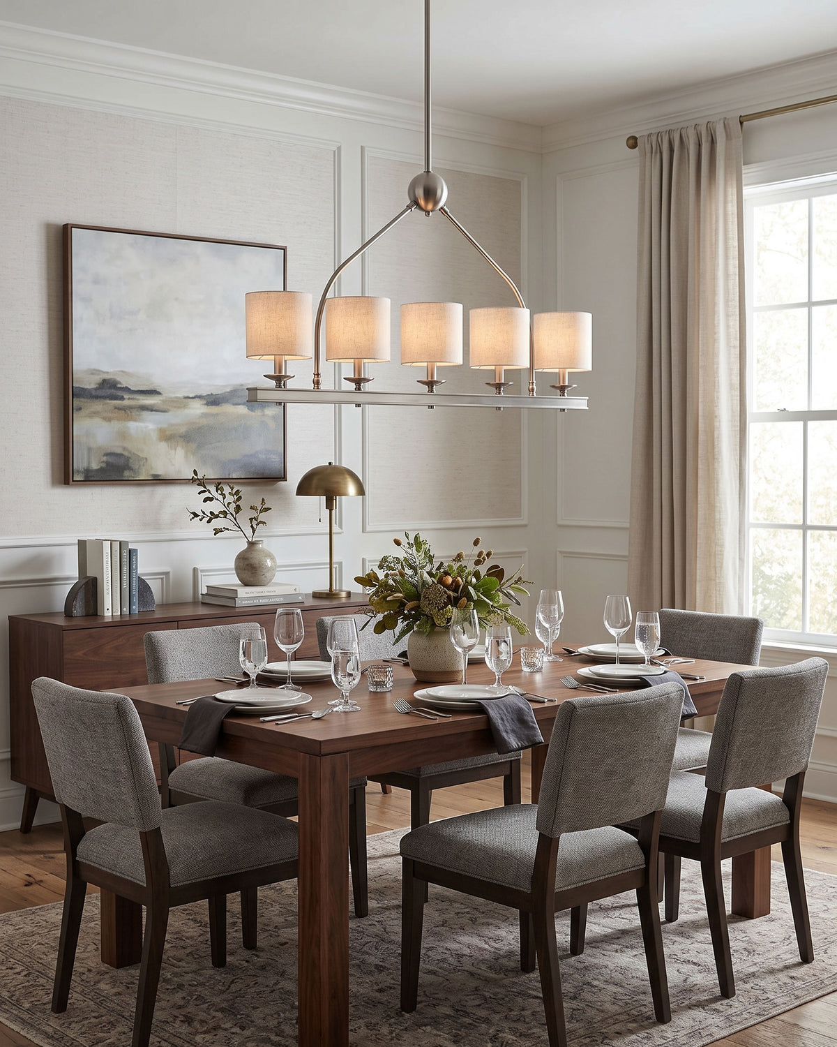 Kendrick 5-Light Linear Chandelier lit in a room setting