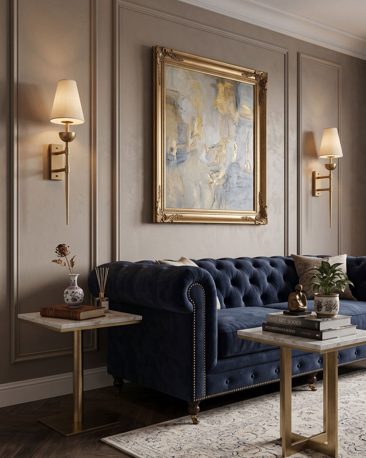 Kincaid Brass Fabric Wall Sconce lit in a room setting