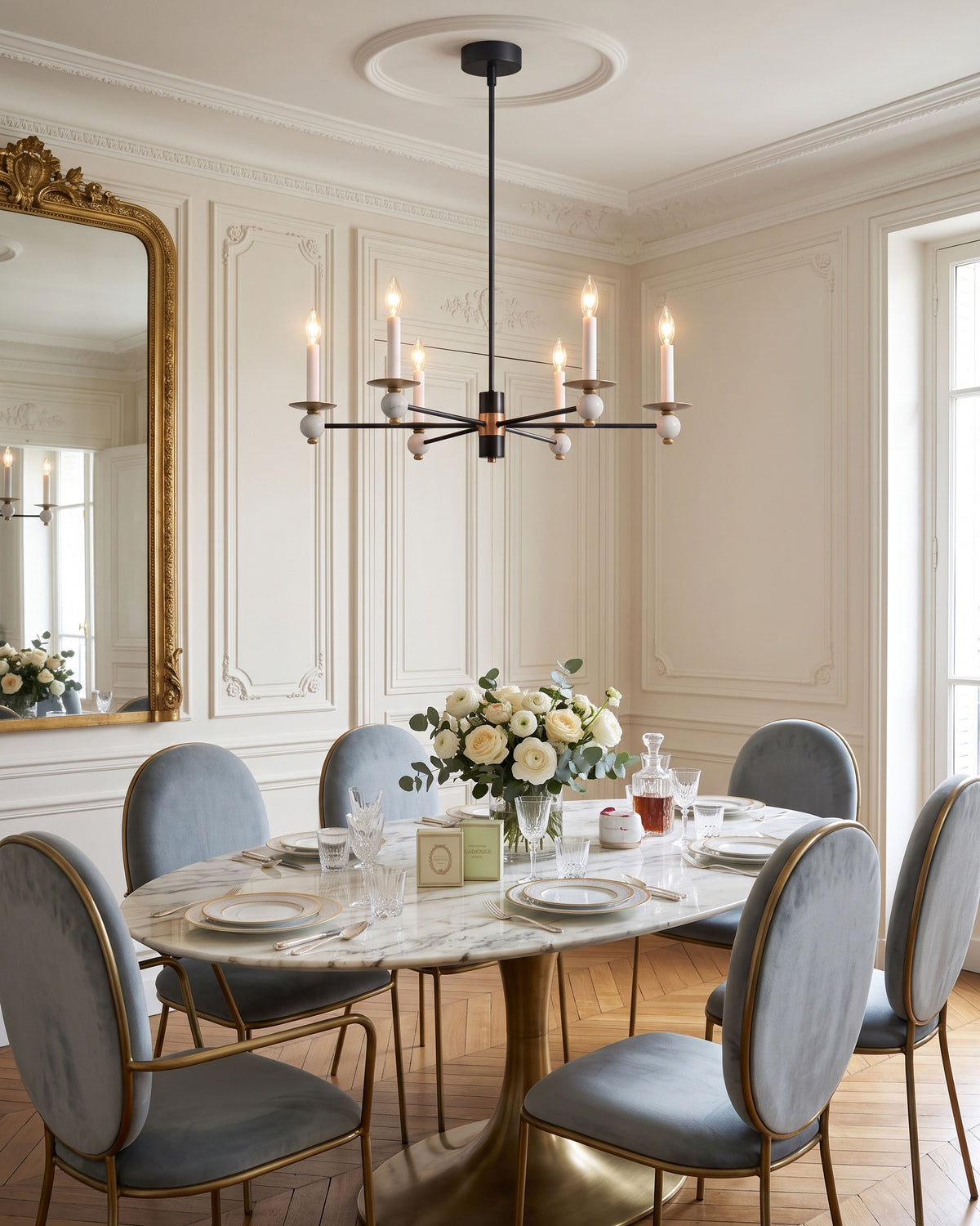 Roland Geometric Chandelier hanging over a table