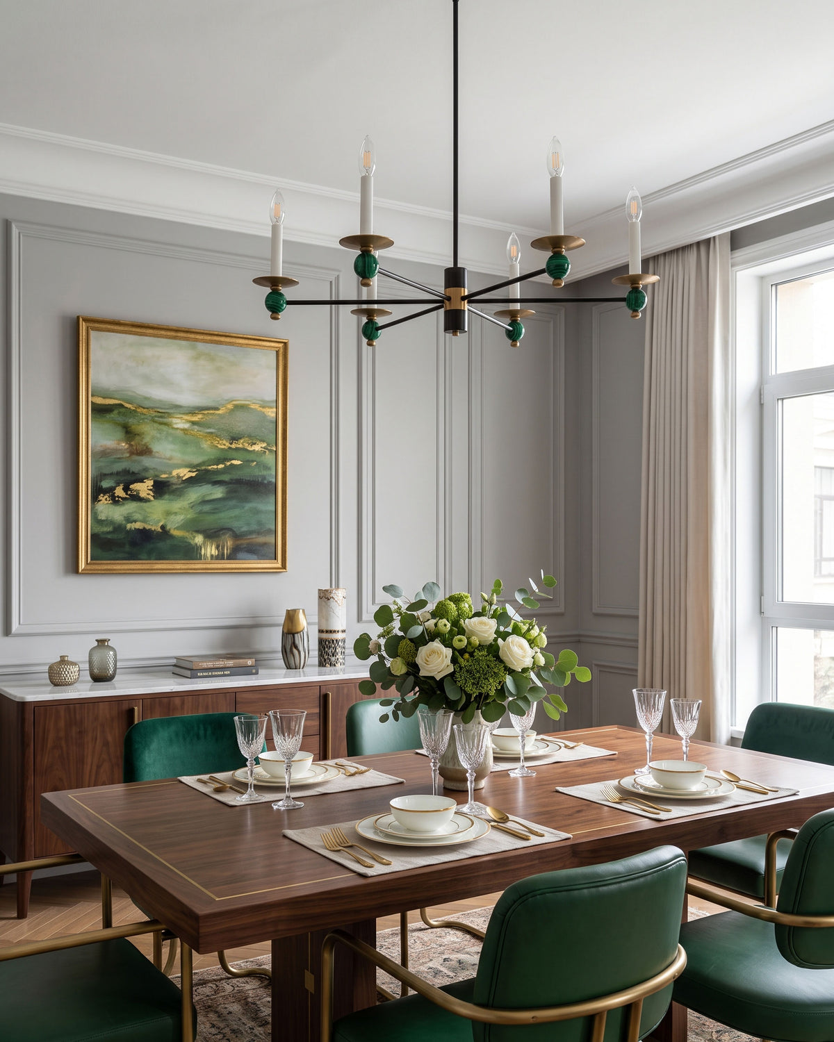 Roland Geometric Chandelier lit in a room setting